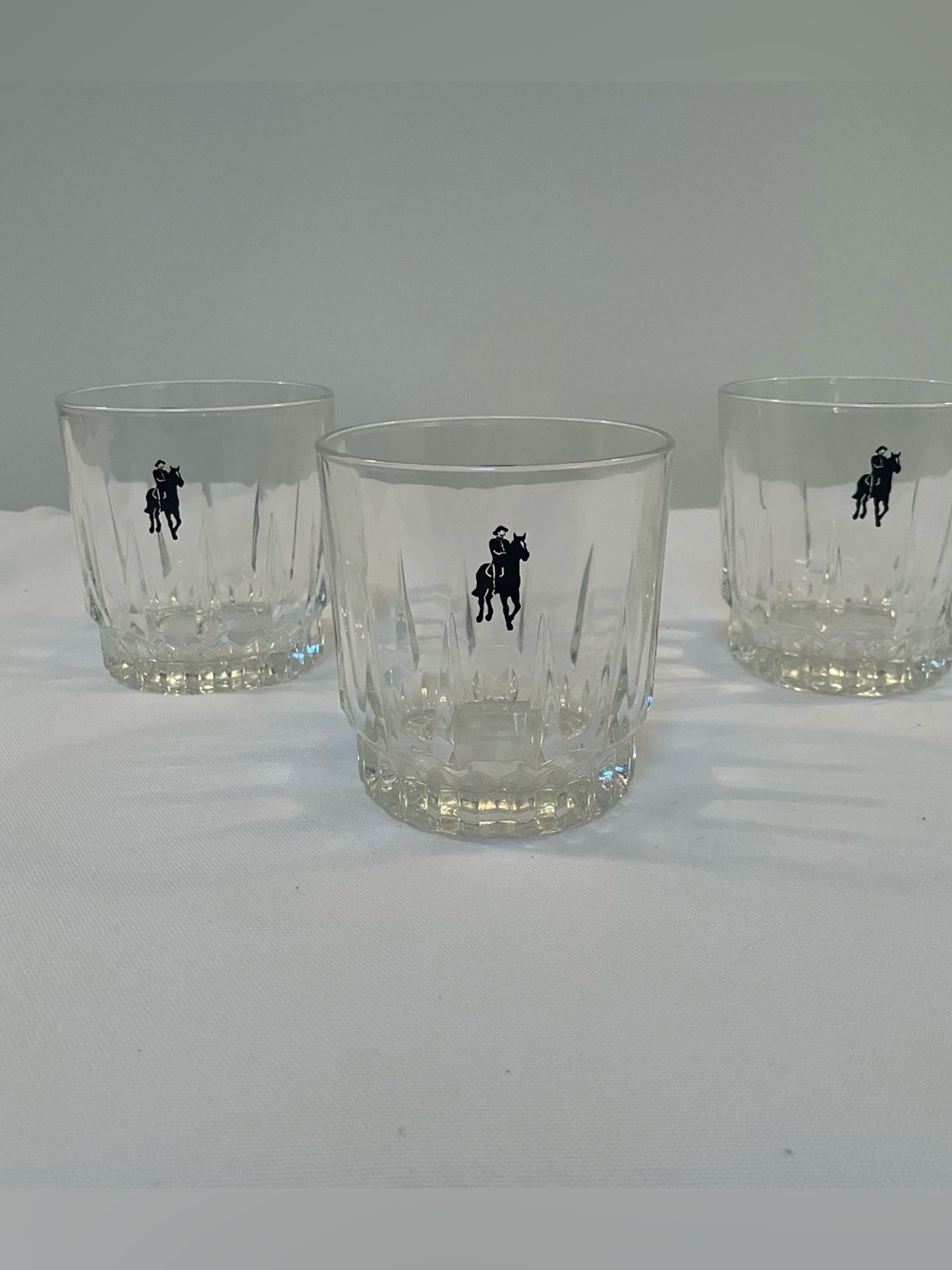 Arcoroc France 3 Horse Equestrian Cut Glass Tumblers Whiskey Rocks Glasses 14oz